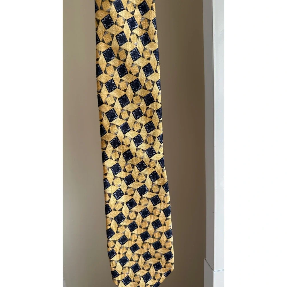 Michael Jacobs for Nordstrom Mens Silk Tie Gold Navy Blue Geometric Diamond USA